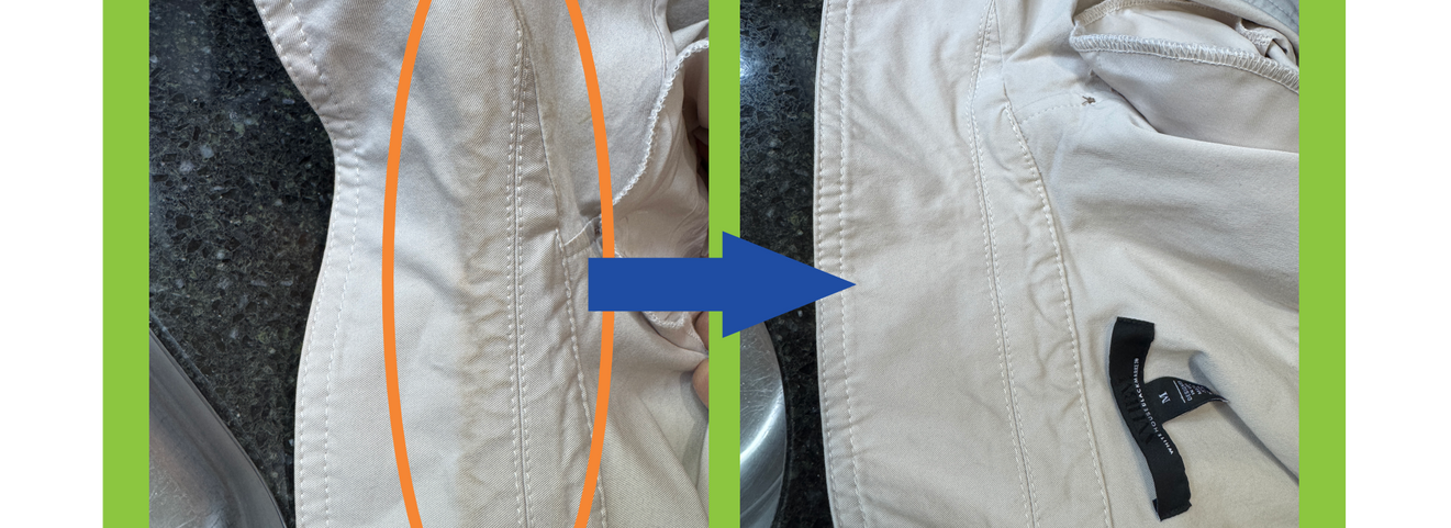 Light-colored jacket with stubborn collar and pocket stains before and after treatment with Stain Solver