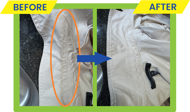 Light-colored jacket with stubborn collar and pocket stains before and after treatment with Stain Solver