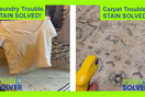 Stain Solver banner showing a white shirt and a spray bottle aimed at stains on a patterned rug, with the headlines “Laundry Trouble. STAIN SOLVED!” and “Carpet Trouble. STAIN SOLVED!”