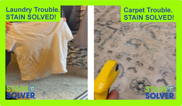 Stain Solver banner showing a white shirt and a spray bottle aimed at stains on a patterned rug, with the headlines “Laundry Trouble. STAIN SOLVED!” and “Carpet Trouble. STAIN SOLVED!”