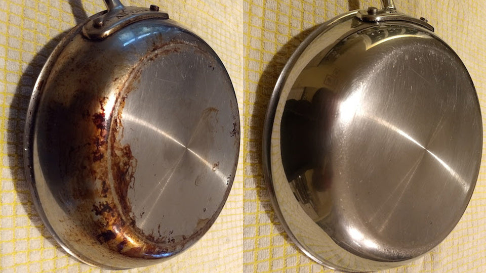 side by side image of a stainless steel pan before and after Stain Solver removed the baked on grease