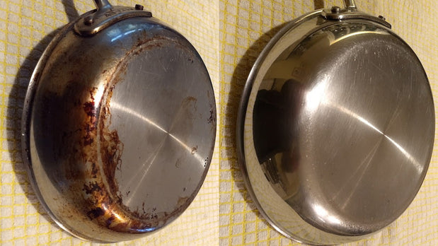 side by side image of a stainless steel pan before and after Stain Solver removed the baked on grease
